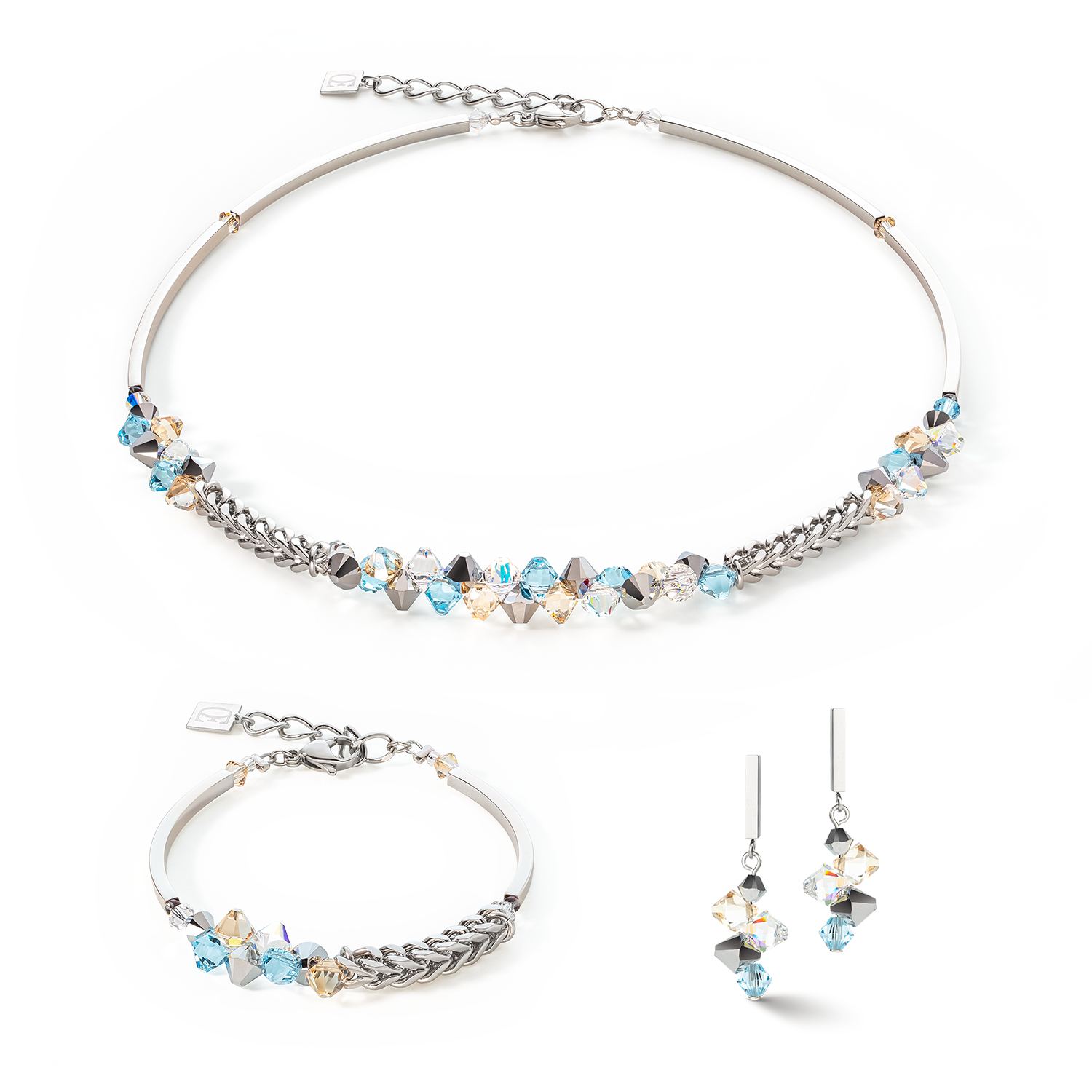 Orecchini Dancing Crystals & Chunky Chain aqua