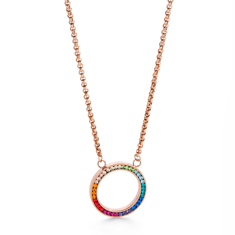 Collana anello cristallo pavé e acciaio inox oro rosé e multicolor
