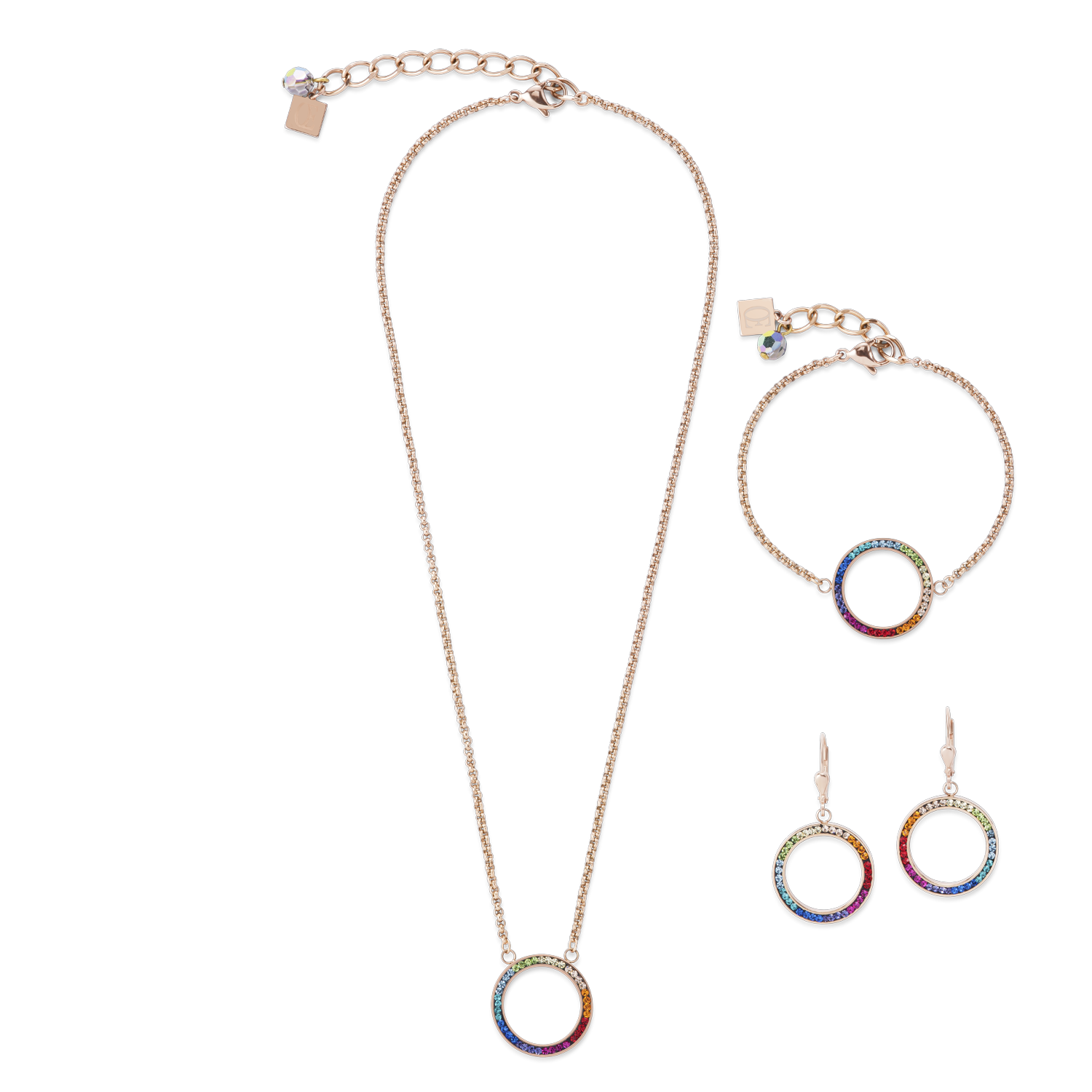 Collana anello cristallo pavé e acciaio inox oro rosé e multicolor
