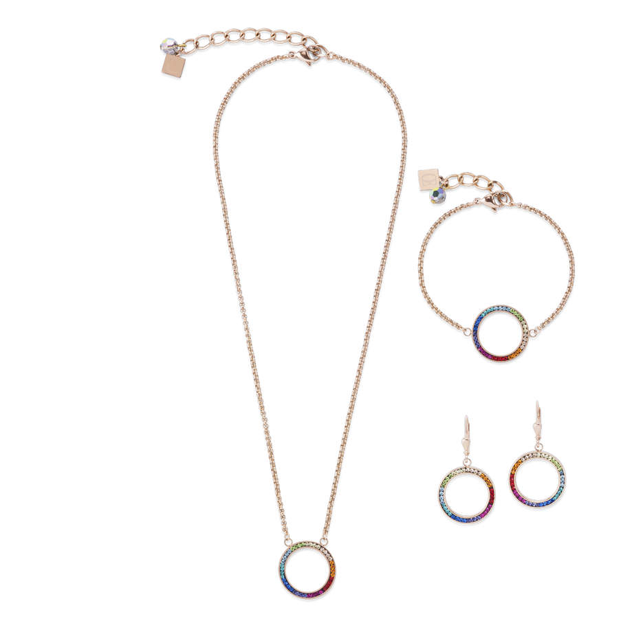 Collana anello cristallo pavé e acciaio inox oro rosé e multicolor