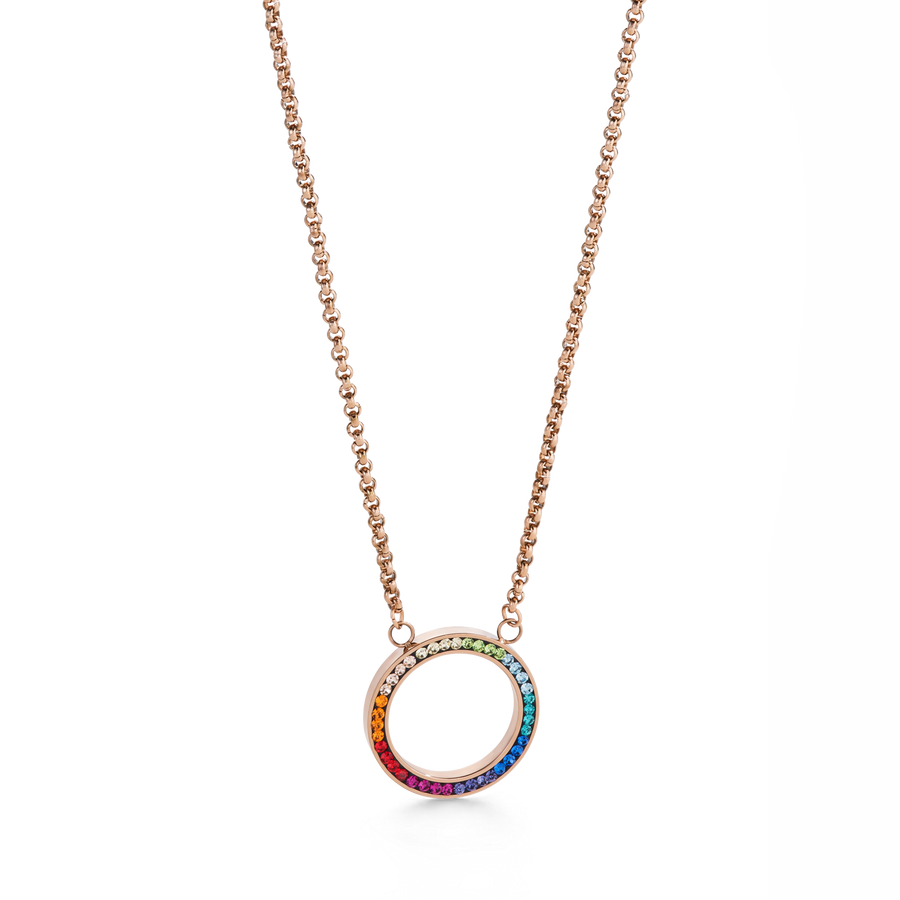 Collana anello cristallo pavé e acciaio inox oro rosé e multicolor