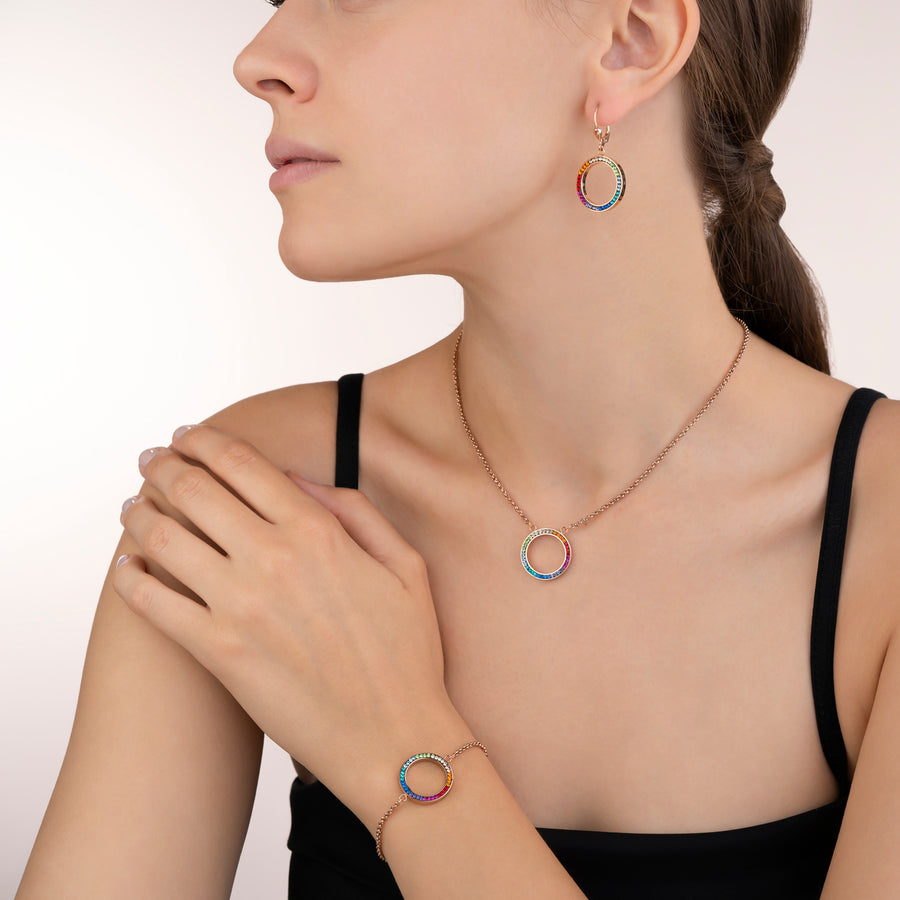 Collana anello cristallo pavé e acciaio inox oro rosé e multicolor