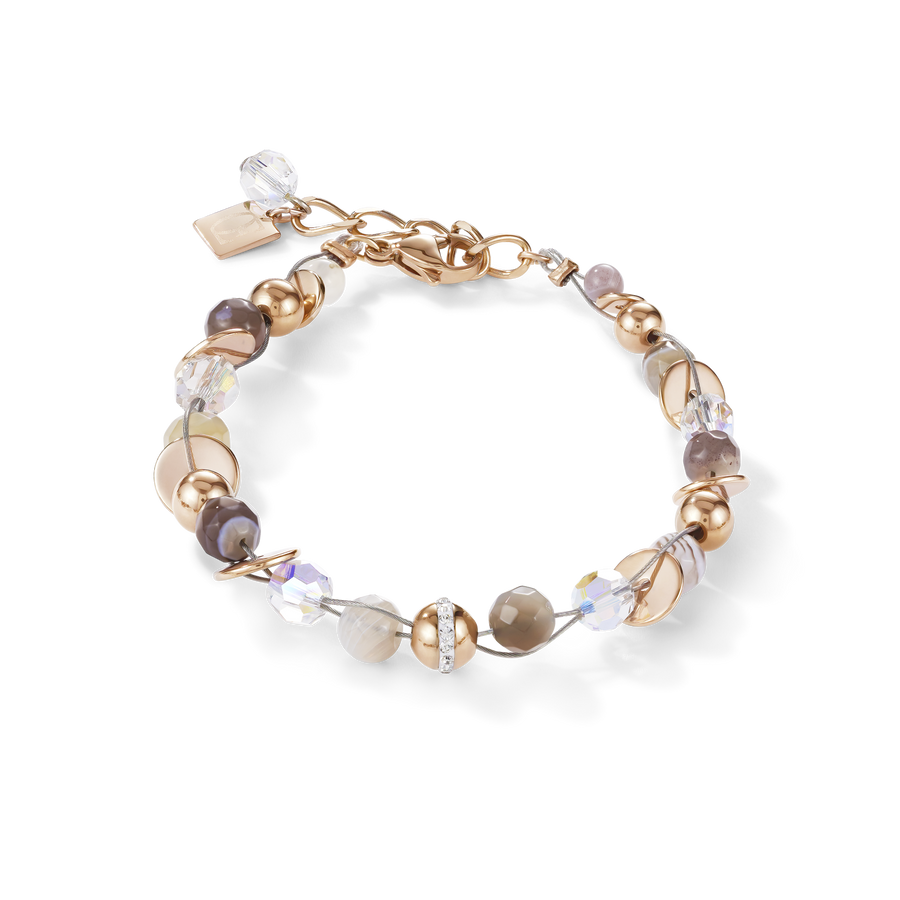 Braccialetto TwistedPEARLS agata del Botswana e acciaio inox oro rosé beige-grigio