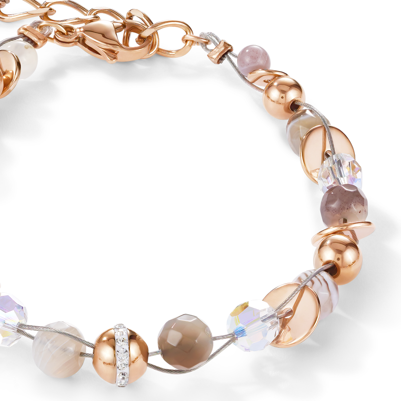 Braccialetto TwistedPEARLS agata del Botswana e acciaio inox oro rosé beige-grigio