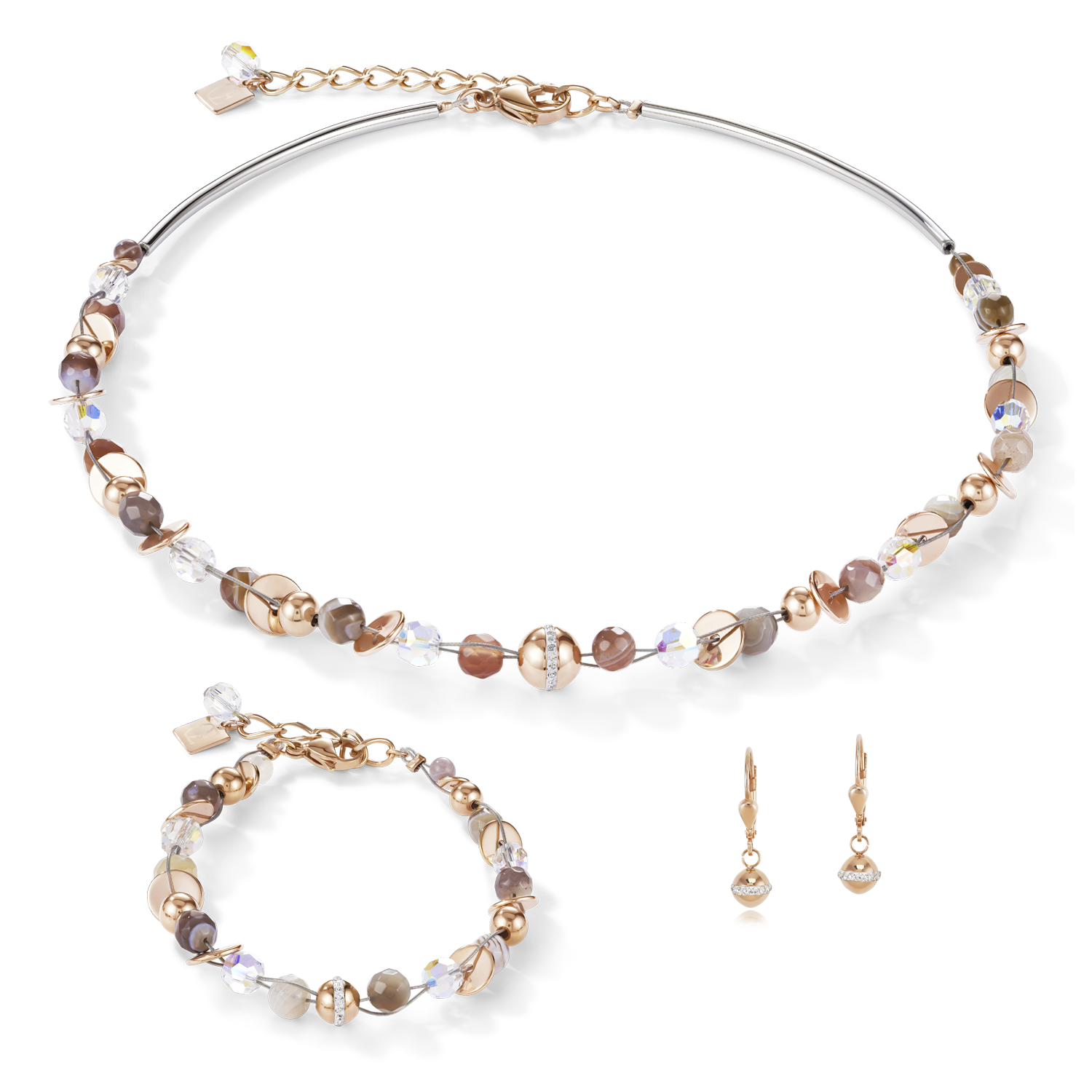 Braccialetto TwistedPEARLS agata del Botswana e acciaio inox oro rosé beige-grigio