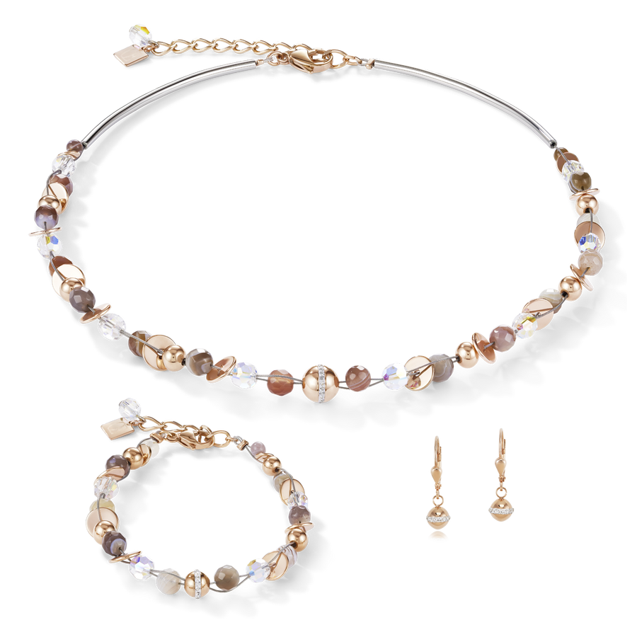 Braccialetto TwistedPEARLS agata del Botswana e acciaio inox oro rosé beige-grigio