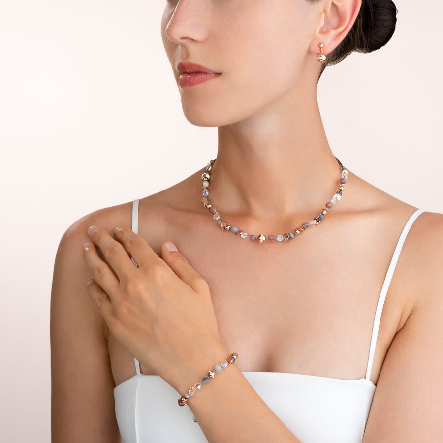 Braccialetto TwistedPEARLS agata del Botswana e acciaio inox oro rosé beige-grigio