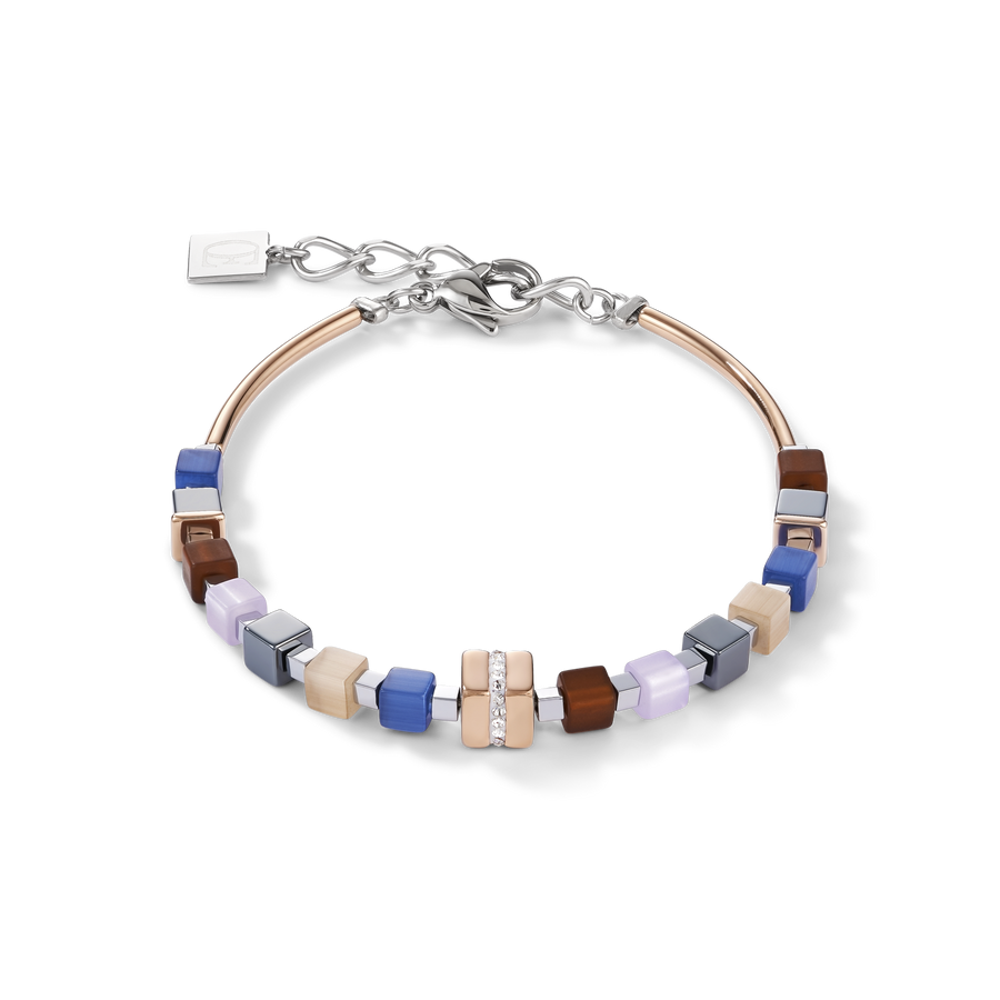 Braccialetto GeoCUBE® acciaio inox oro rosé e cristalli pavé blu-marrone