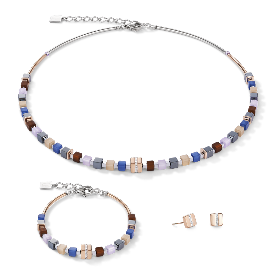 Braccialetto GeoCUBE® acciaio inox oro rosé e cristalli pavé blu-marrone