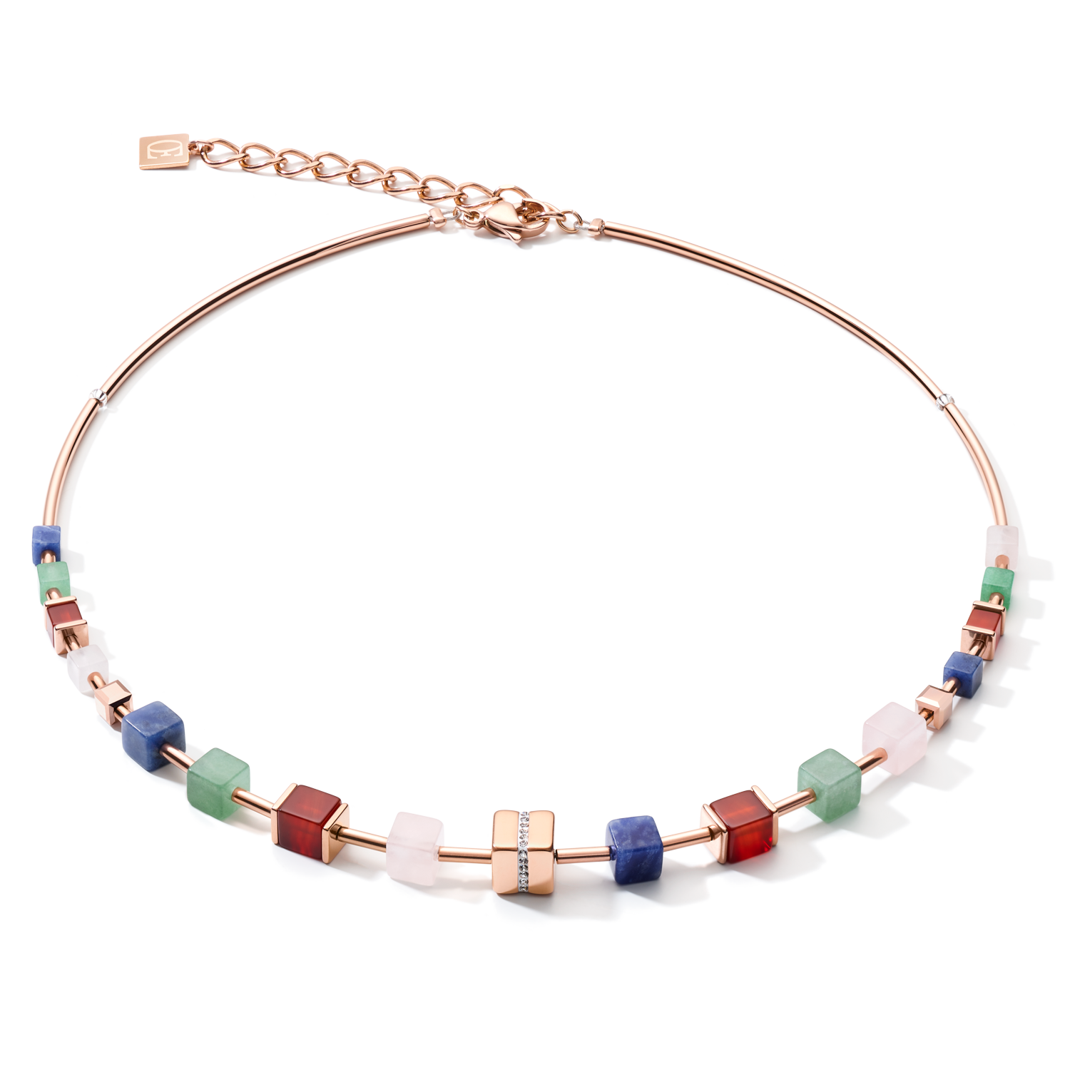 Collana GeoCUBE® big cube cristalli pavé, pietre preziose e acciaio inox oro rosa multicolor gemstone