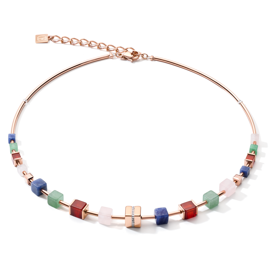 Collana GeoCUBE® big cube cristalli pavé, pietre preziose e acciaio inox oro rosa multicolor gemstone