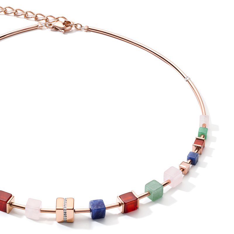 Collana GeoCUBE® big cube cristalli pavé, pietre preziose e acciaio inox oro rosa multicolor gemstone