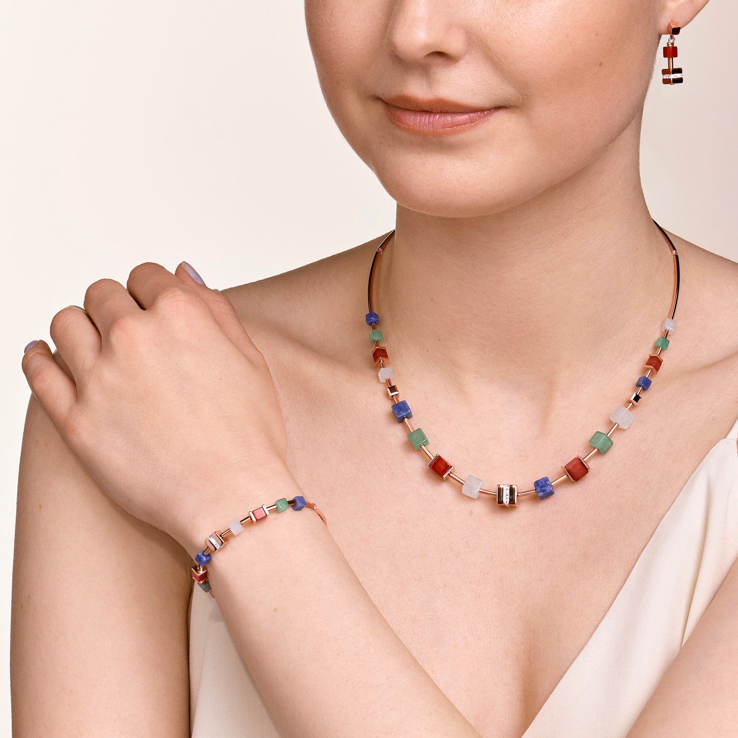 Collana GeoCUBE® big cube cristalli pavé, pietre preziose e acciaio inox oro rosa multicolor gemstone