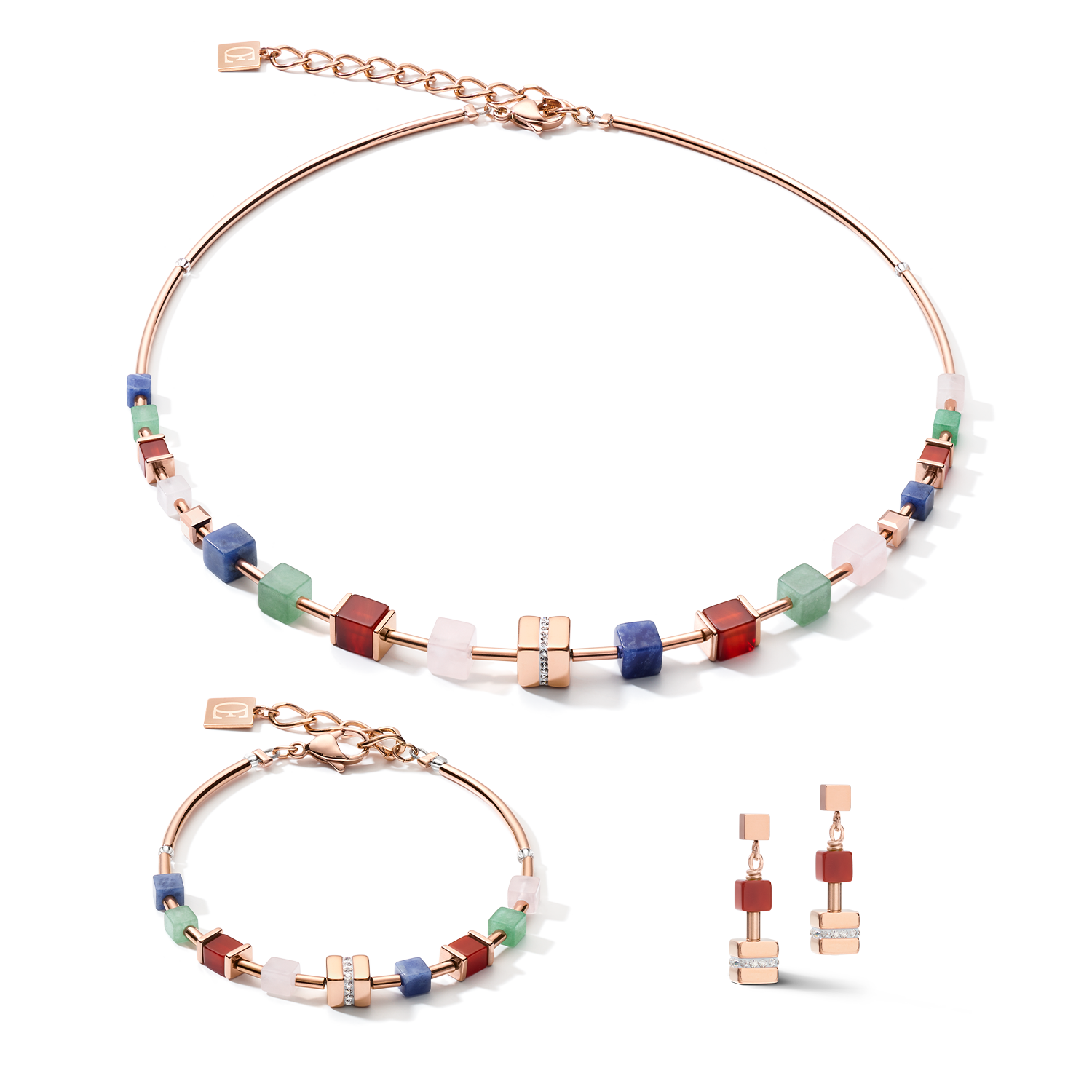 Orecchini GeoCUBE® cristalli pavé, pietre preziose e acciaio inox oro rosa multicolor gemstone