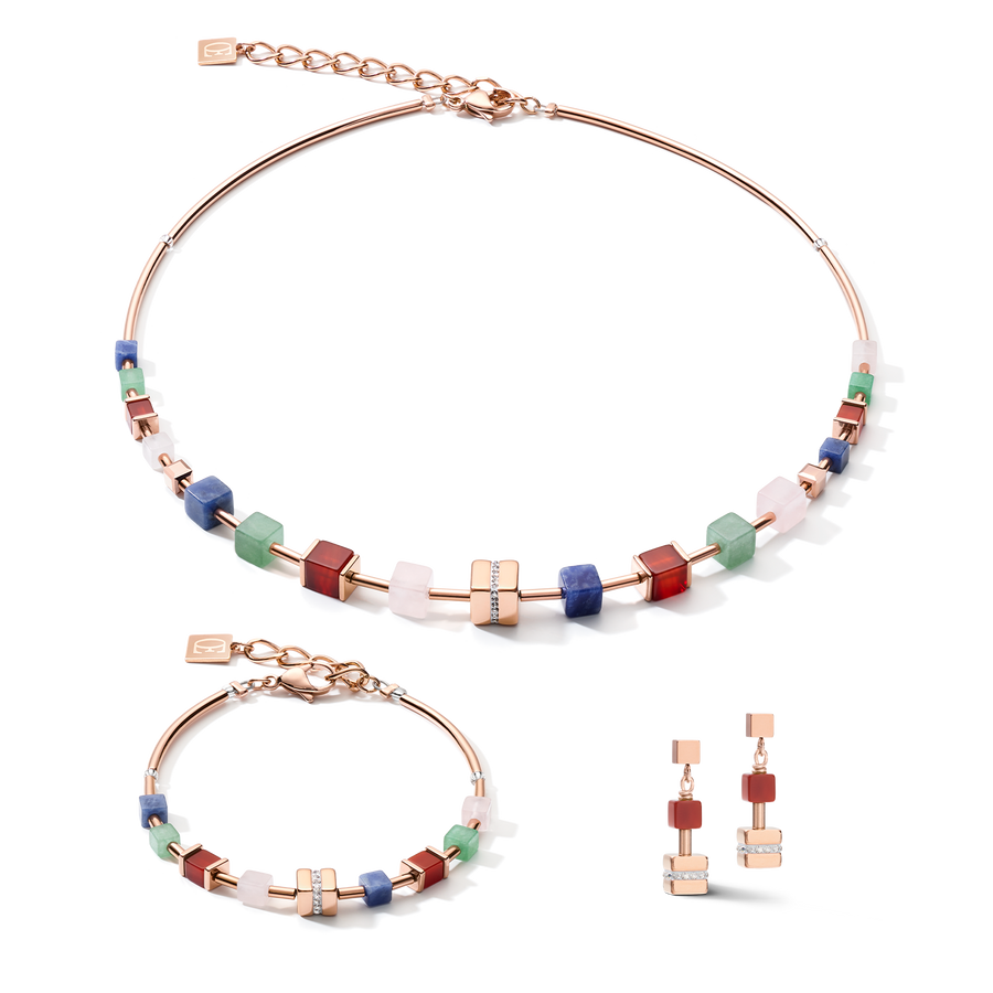 Orecchini GeoCUBE® cristalli pavé, pietre preziose e acciaio inox oro rosa multicolor gemstone