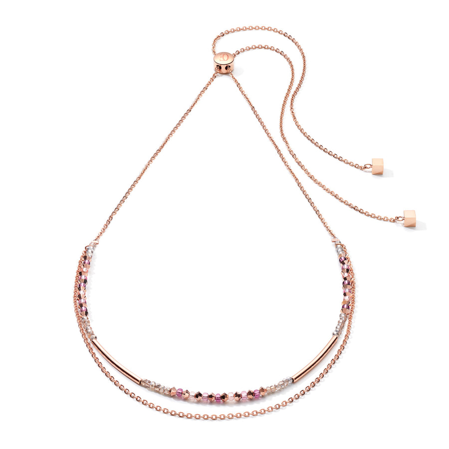 Collana 2-layers di cristalli fini e acciaio inossidabile oro rosa lilla