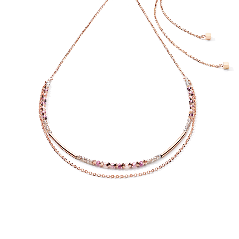 Collana 2-layers di cristalli fini e acciaio inossidabile oro rosa lilla
