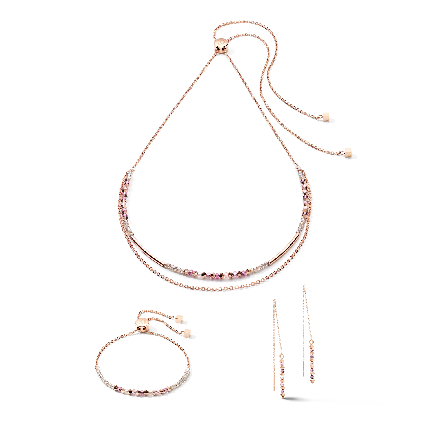 Collana 2-layers di cristalli fini e acciaio inossidabile oro rosa lilla