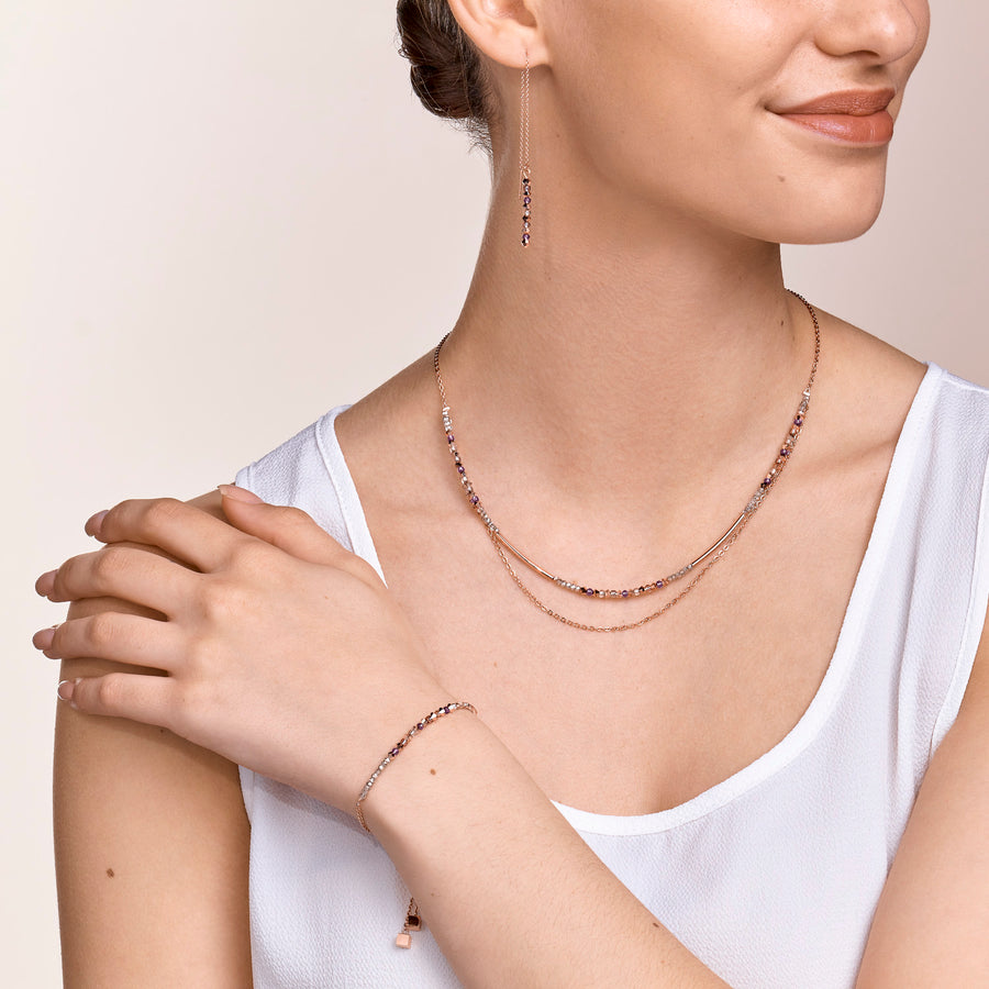 Collana 2-layers di cristalli fini e acciaio inossidabile oro rosa lilla
