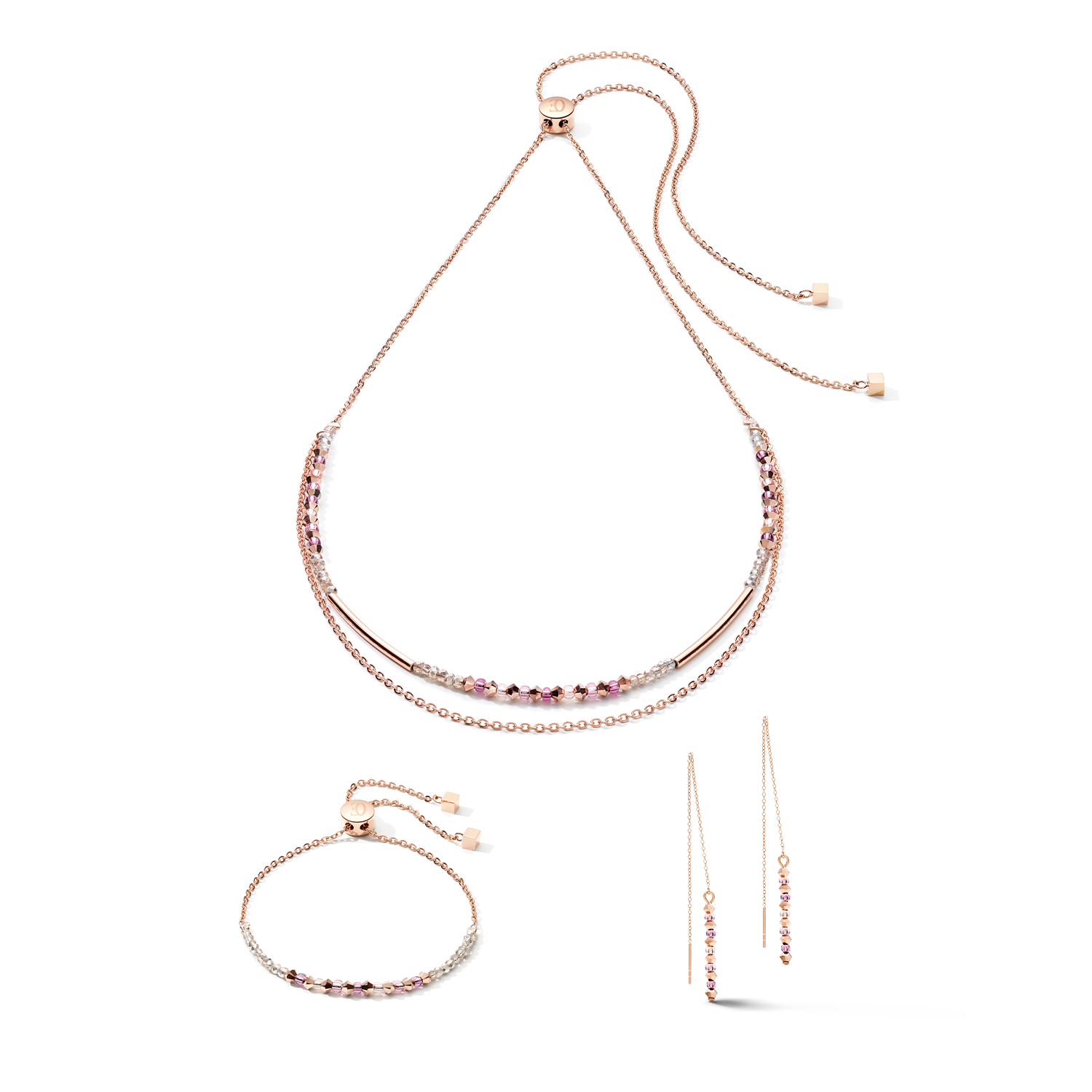 Orecchini 2-layers di cristalli fini e acciaio inossidabile oro rosa lilla