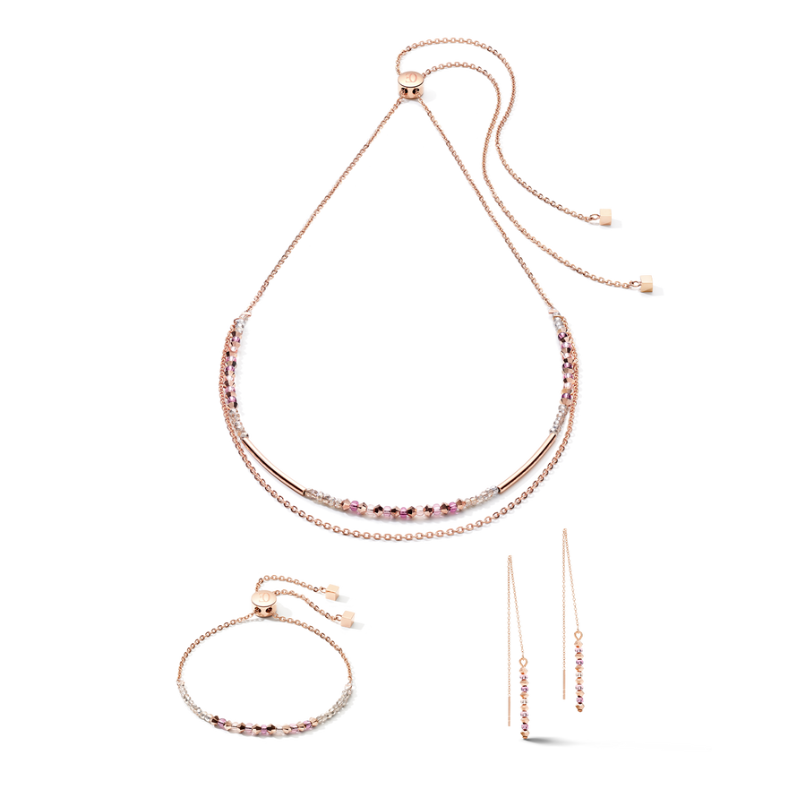 Orecchini 2-layers di cristalli fini e acciaio inossidabile oro rosa lilla