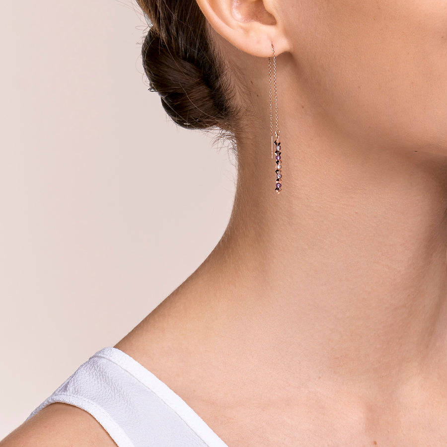 Orecchini 2-layers di cristalli fini e acciaio inossidabile oro rosa lilla
