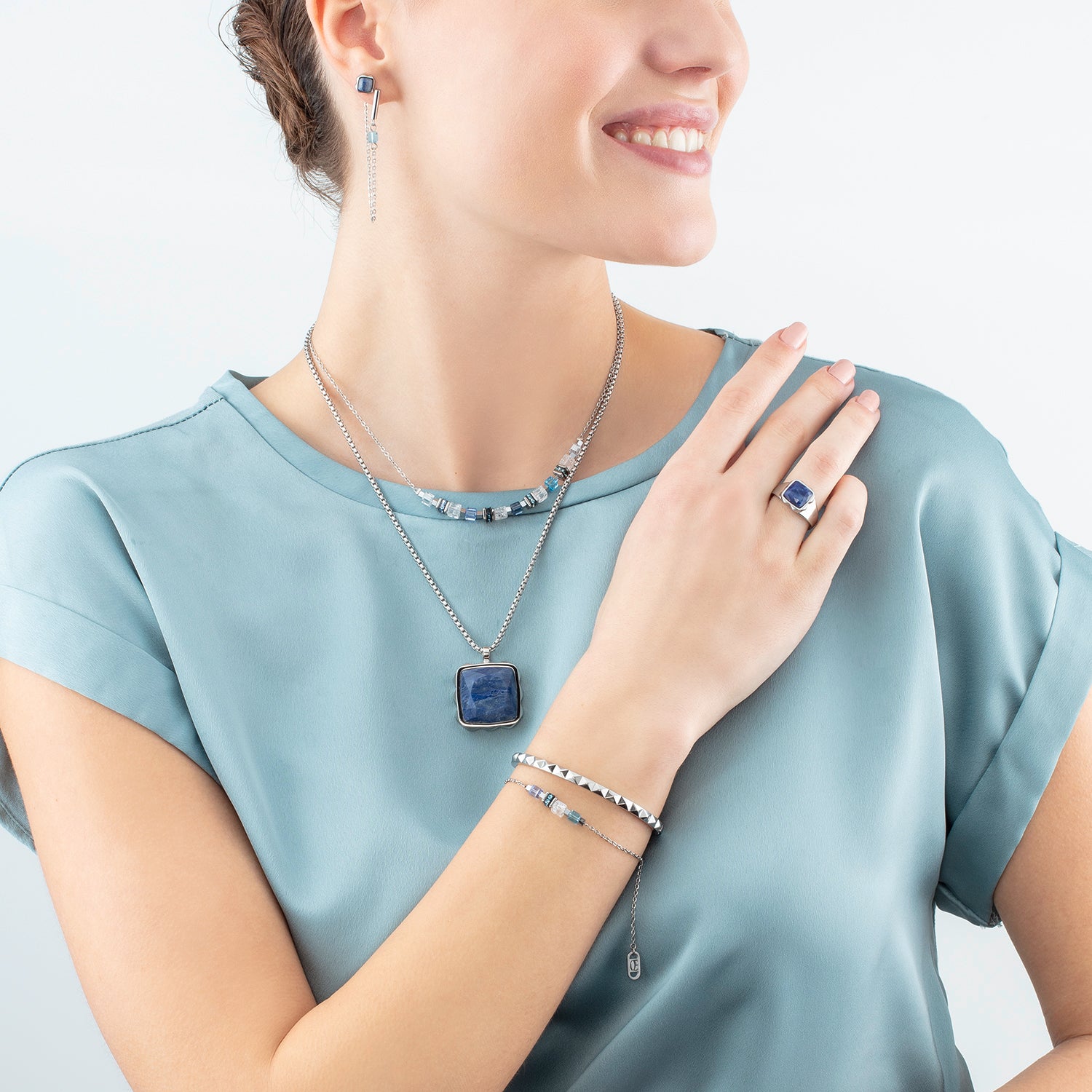 Collana Mini Cubes e Chain argento-blu