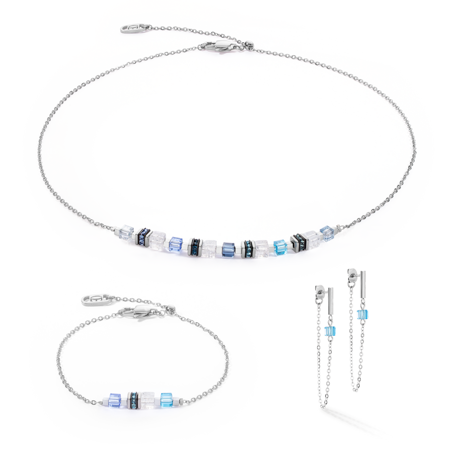 Orecchini Mini Cubes e Chain argento-blu