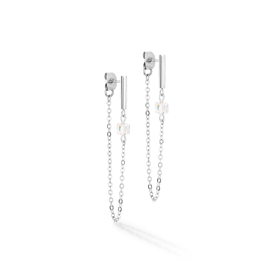 Orecchini Mini Cubes e Chain argento-bianco