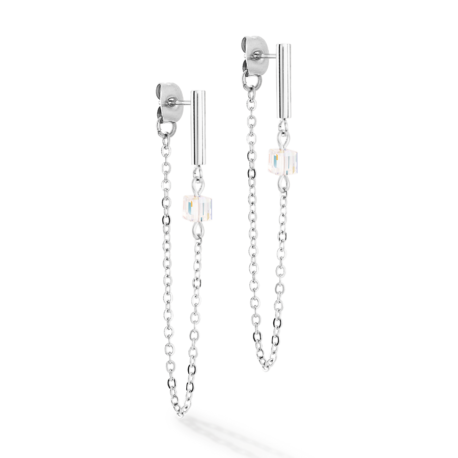 Orecchini Mini Cubes e Chain argento-bianco