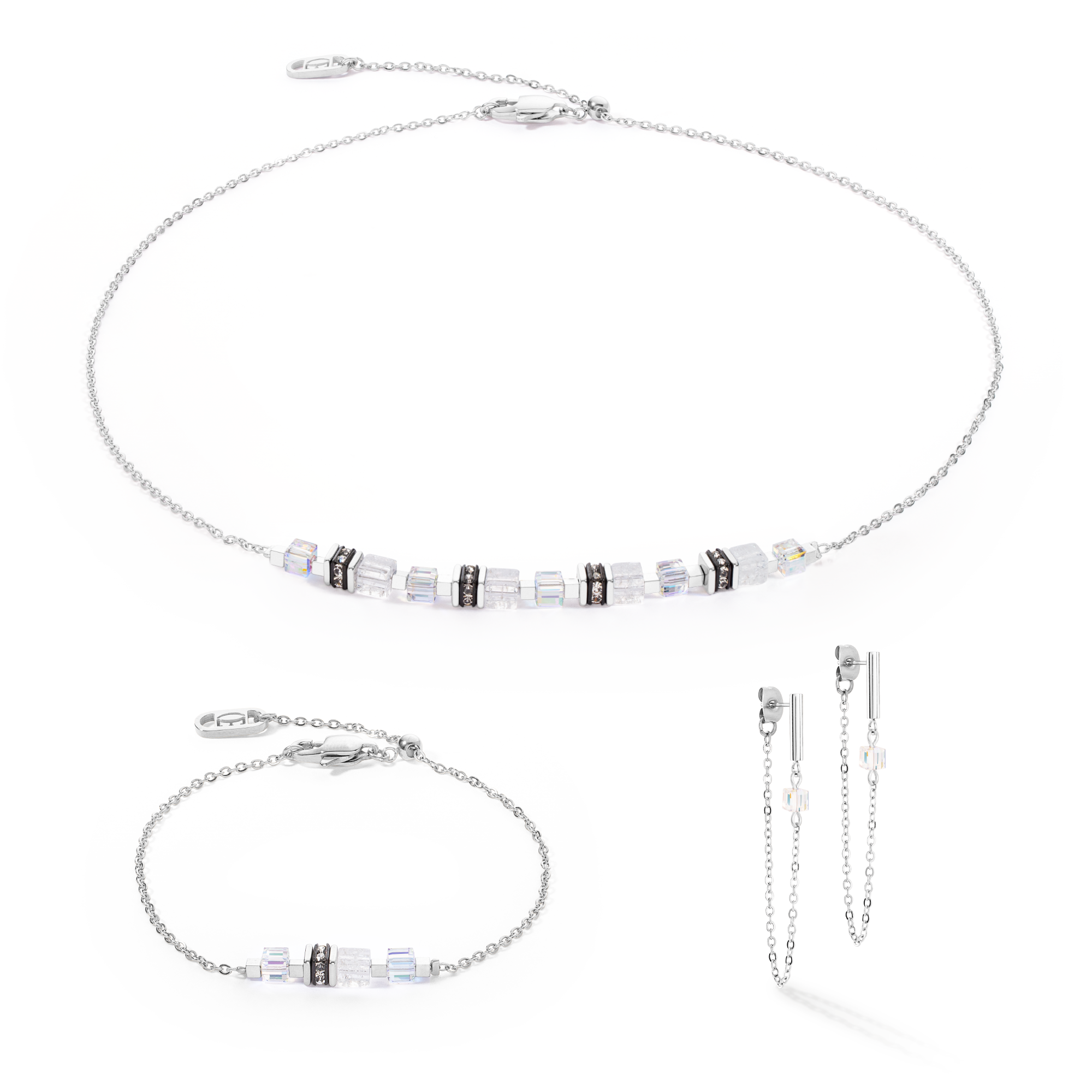 Orecchini Mini Cubes e Chain argento-bianco