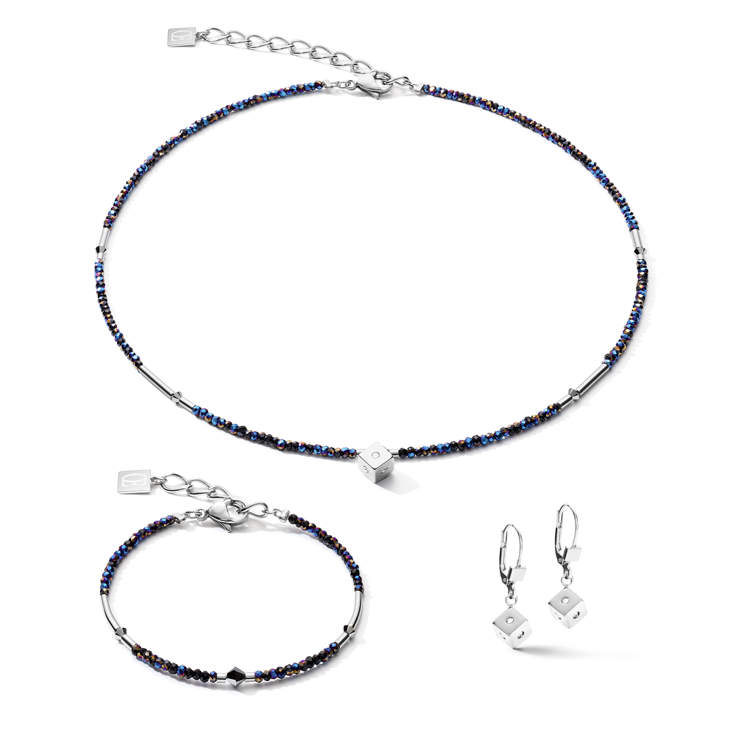 Bracciale Cube Crystal Dot in acciaio inossidabile e vetro di cristallo blu notte-argento