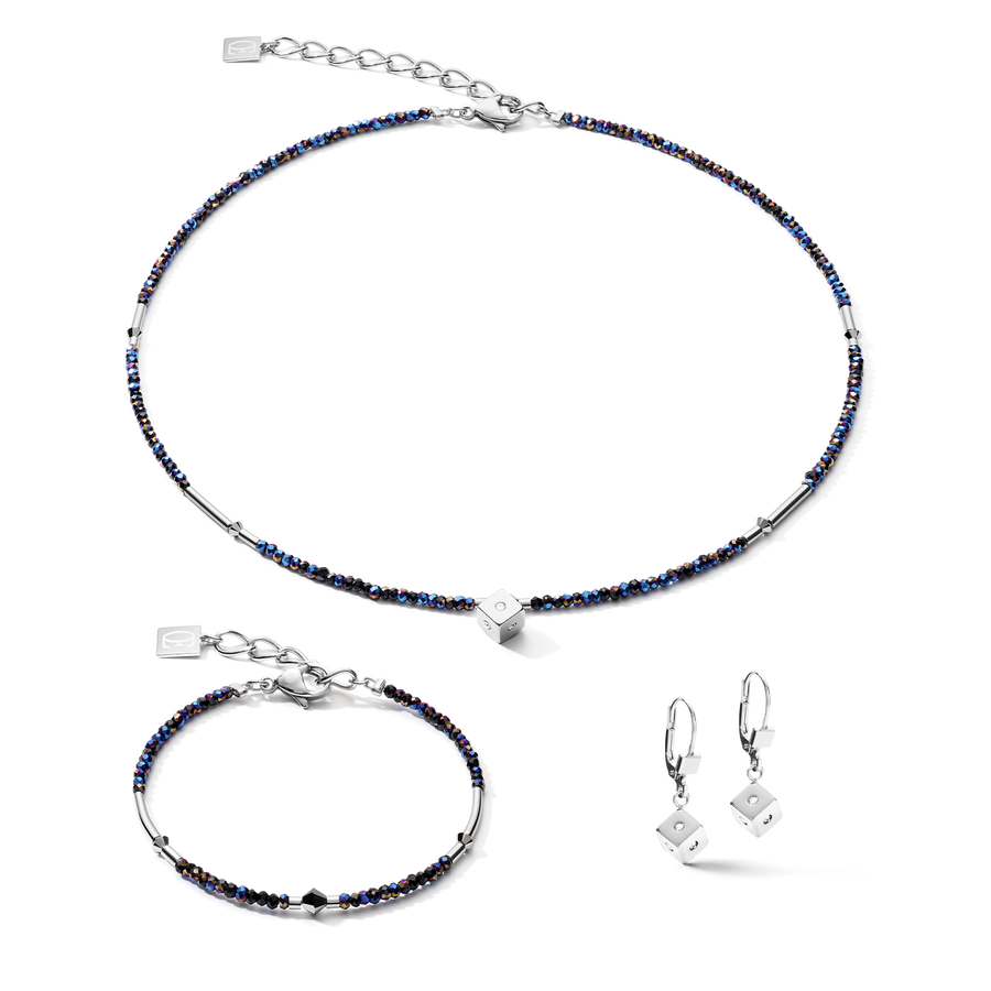 Bracciale Cube Crystal Dot in acciaio inossidabile e vetro di cristallo blu notte-argento