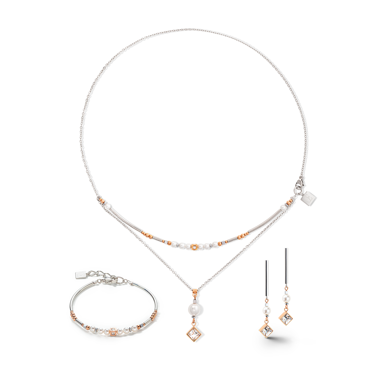 Orechini Brilliant Square Layer pearl argento oro rosa