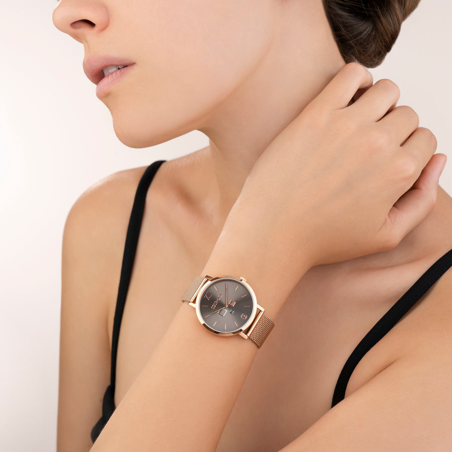 Orologio Rotondo Mocca Sunray Milanese Acciaio Inox Oro Rosé
