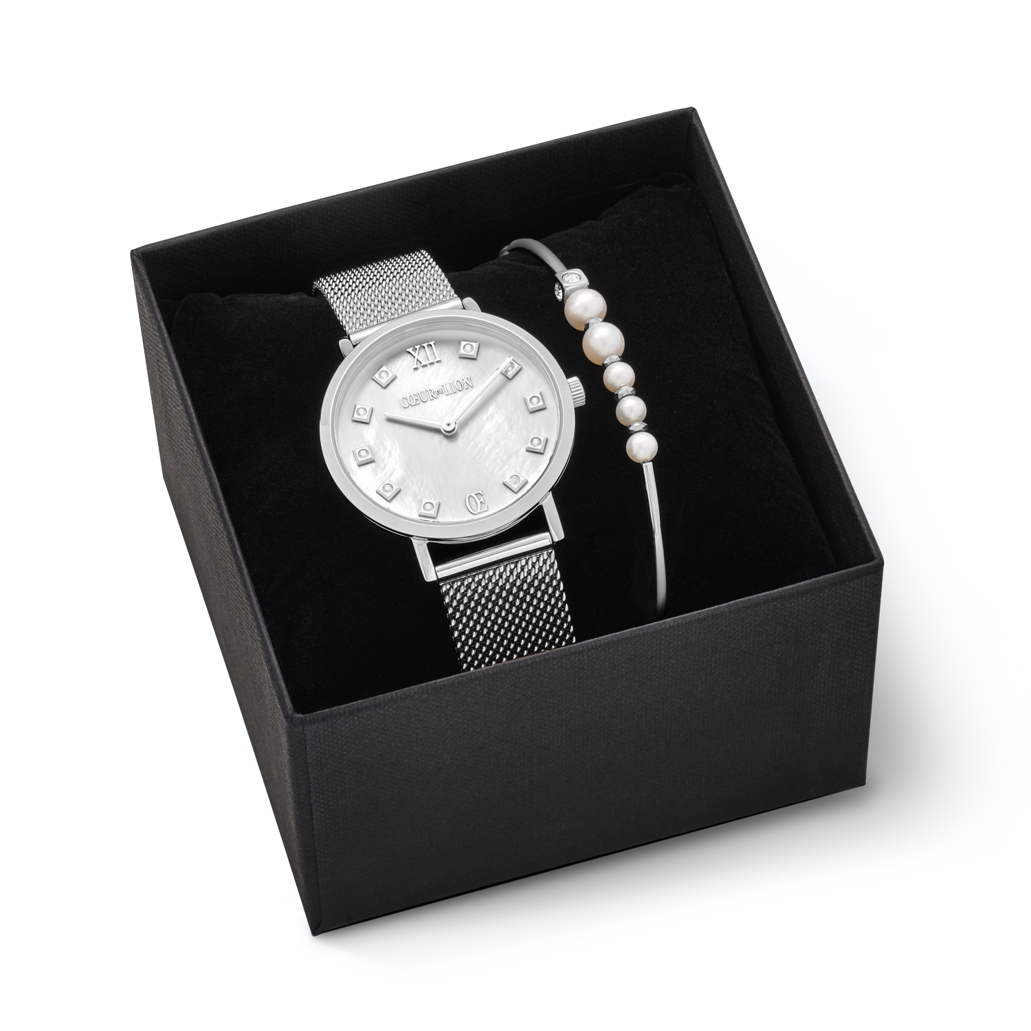 Set Regalo Orologio Round Madreperla Milanaise e Bracciale Asimmetria perle d'acqua dolce bianco