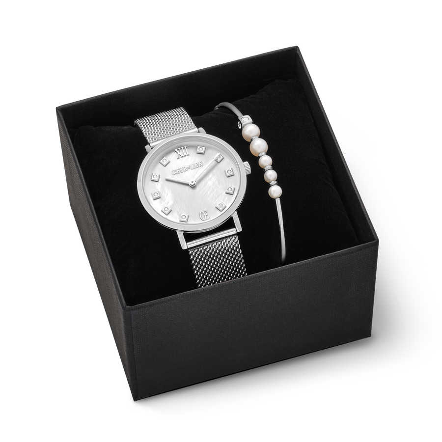 Set Regalo Orologio Round Madreperla Milanaise e Bracciale Asimmetria perle d'acqua dolce bianco