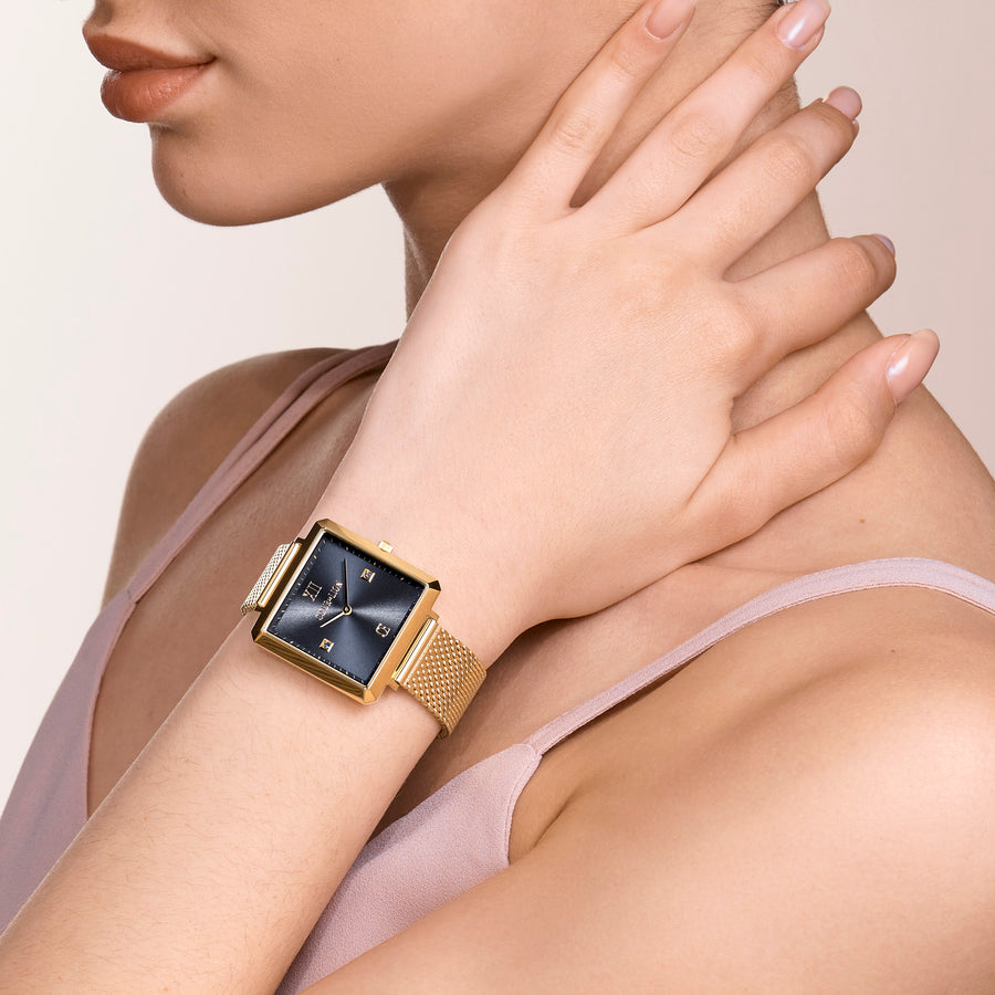 Orologio Iconic Square Midnight Blue Sunray Milanese Acciaio Inox Oro