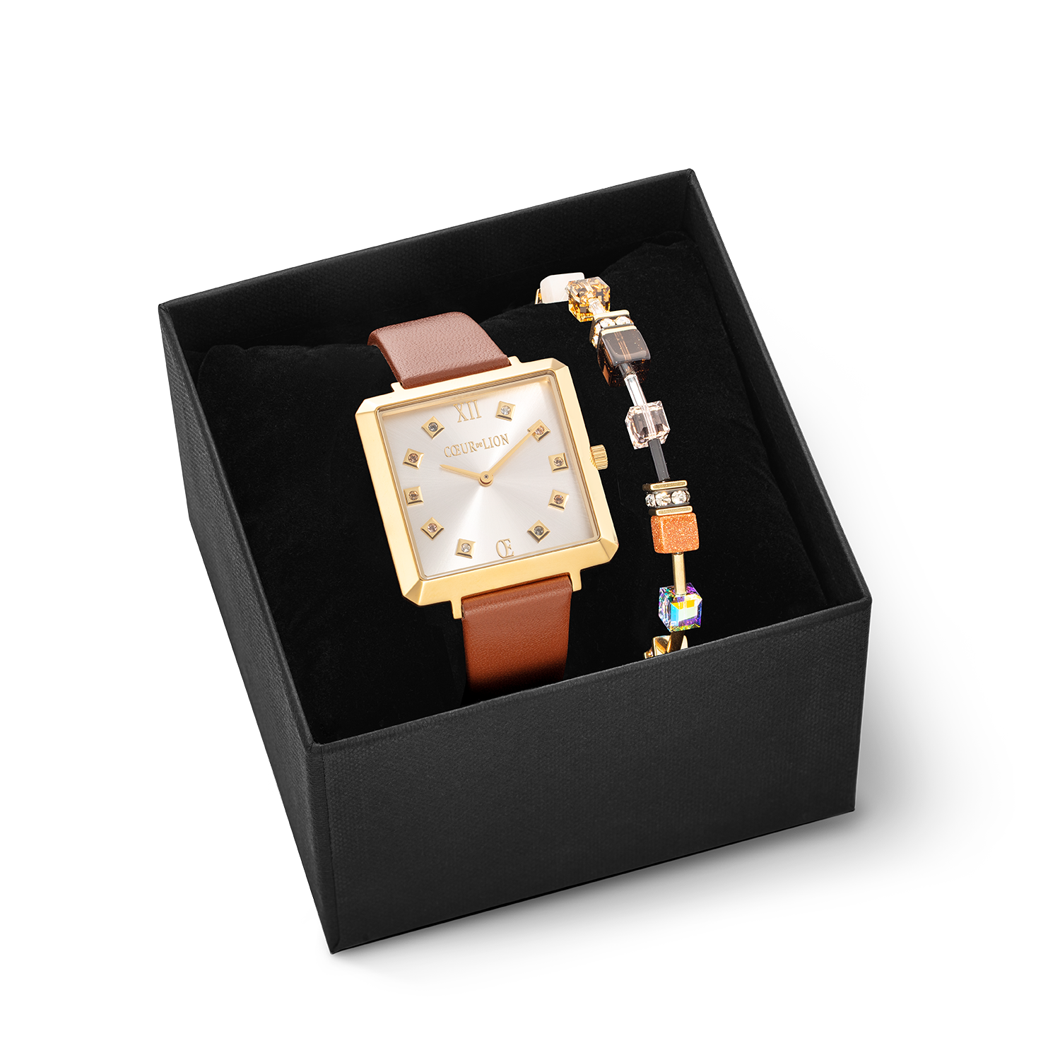 Set Regalo Orologio Iconic Square Gold Classy e Braccialetto GeoCUBE® Iconic Precious Marrone