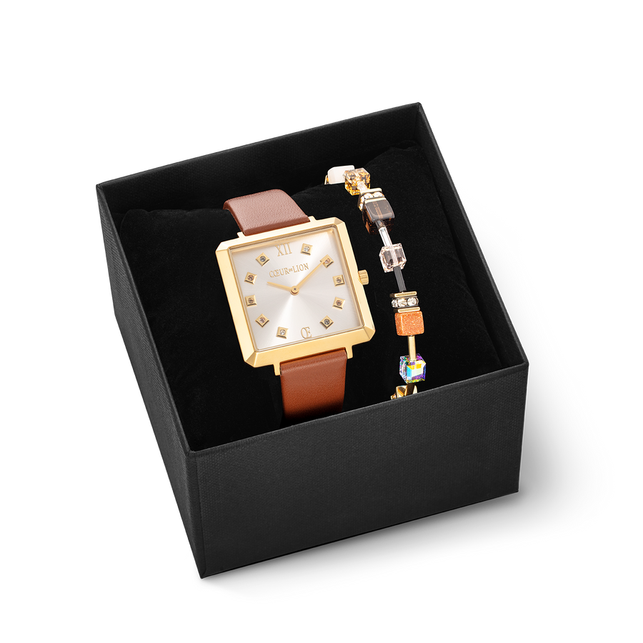 Set Regalo Orologio Iconic Square Gold Classy e Braccialetto GeoCUBE® Iconic Precious Marrone