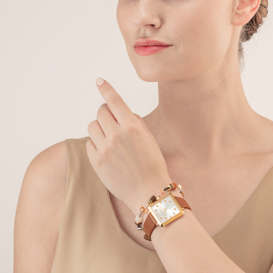 Set Regalo Orologio Iconic Square Gold Classy e Braccialetto GeoCUBE® Iconic Precious Marrone