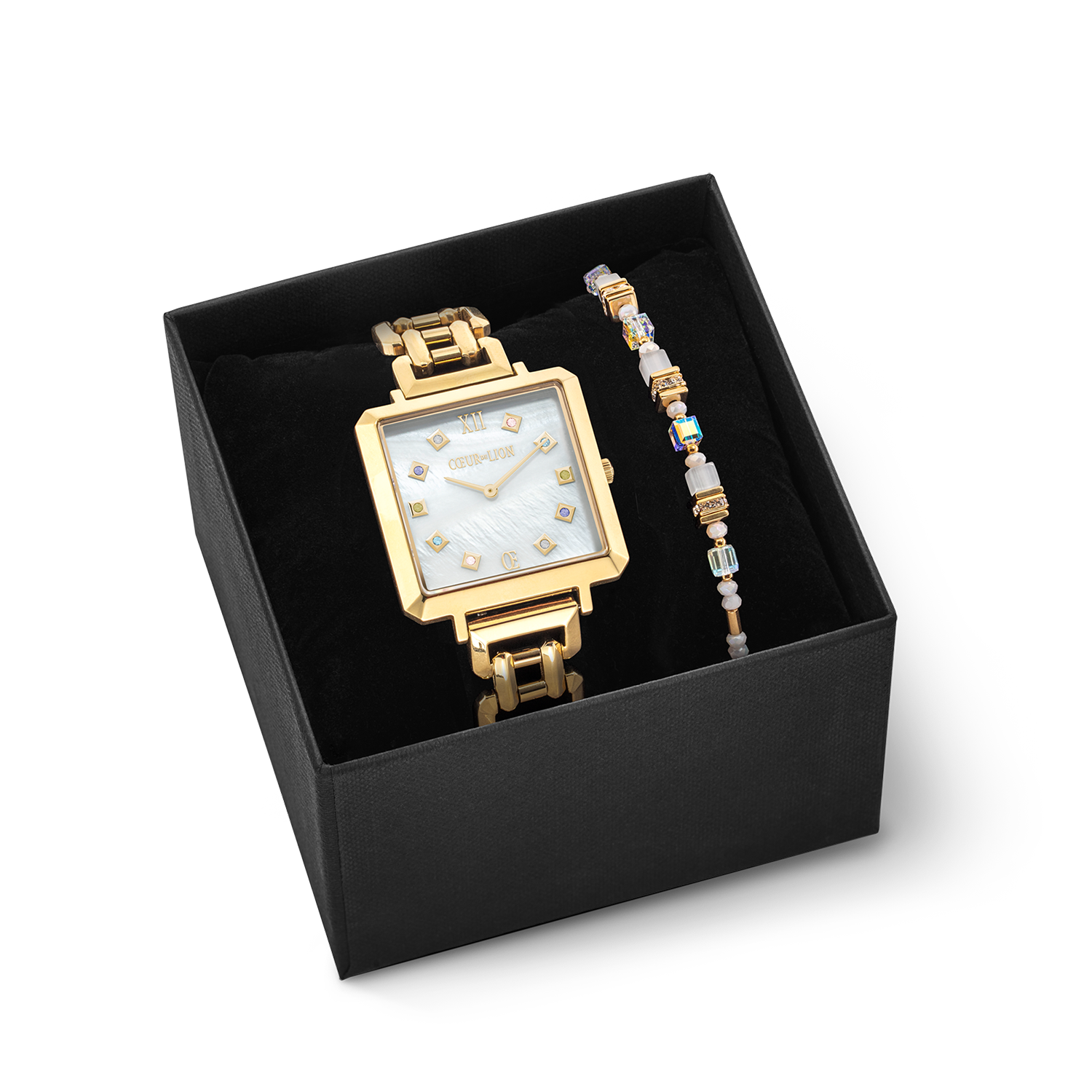 Set regalo orologio Iconic Cube Golden Momentse e bracciale Mini Cubes pastello