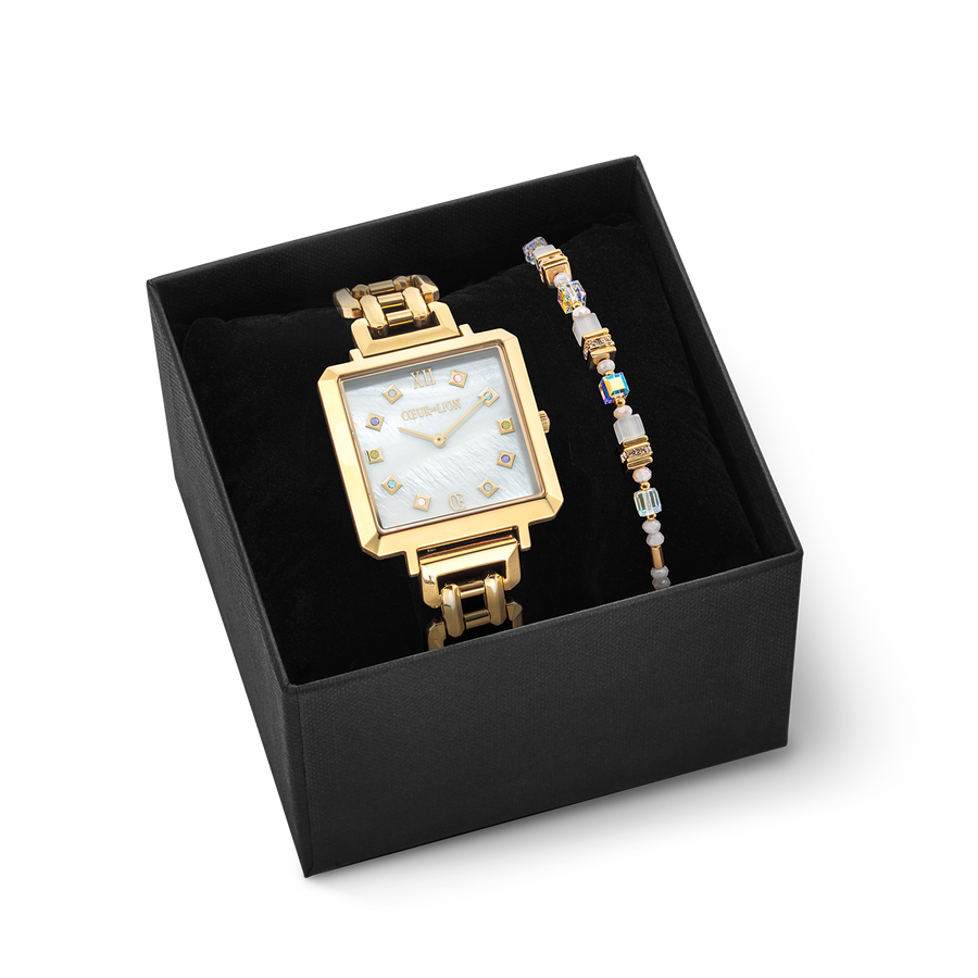 Set regalo orologio Iconic Cube Golden Momentse e bracciale Mini Cubes pastello