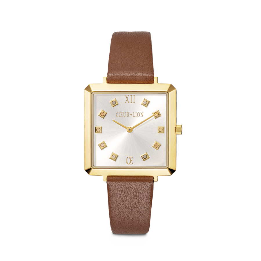 Orologio Iconic Square Gold White Sunray Cinturina in Pelle Classy Marrone