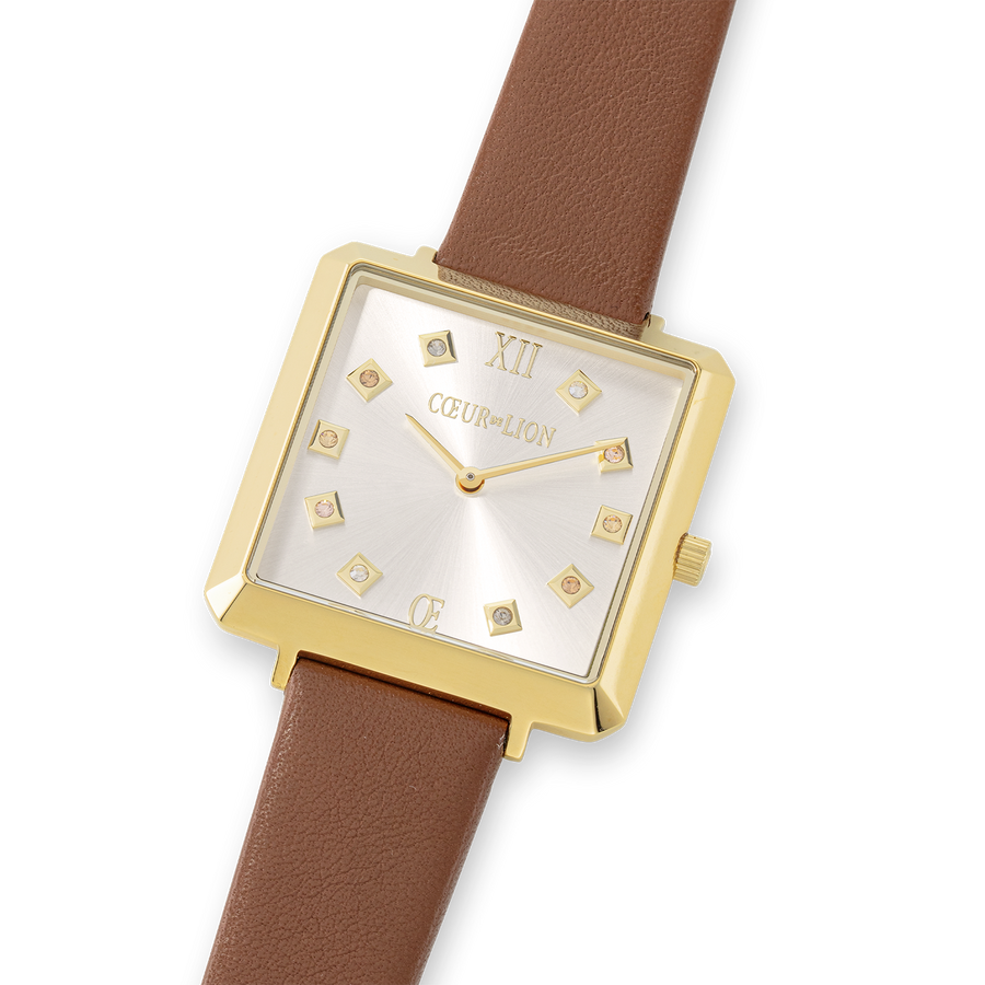 Orologio Iconic Square Gold White Sunray Cinturina in Pelle Classy Marrone