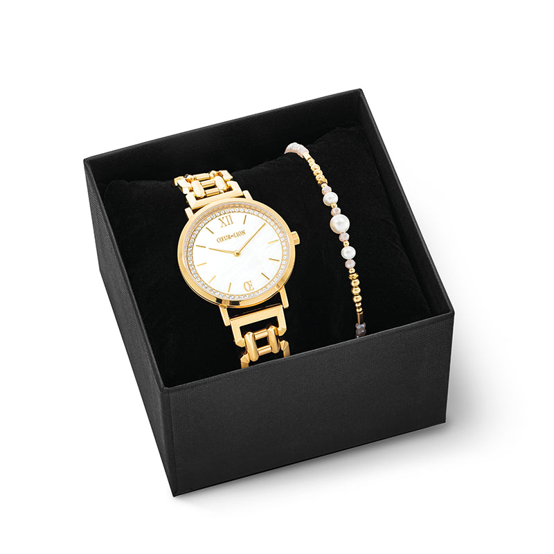 Set Regalo Orologio Rotondo Sparkling Madreperla & Bracciale Drops Oro