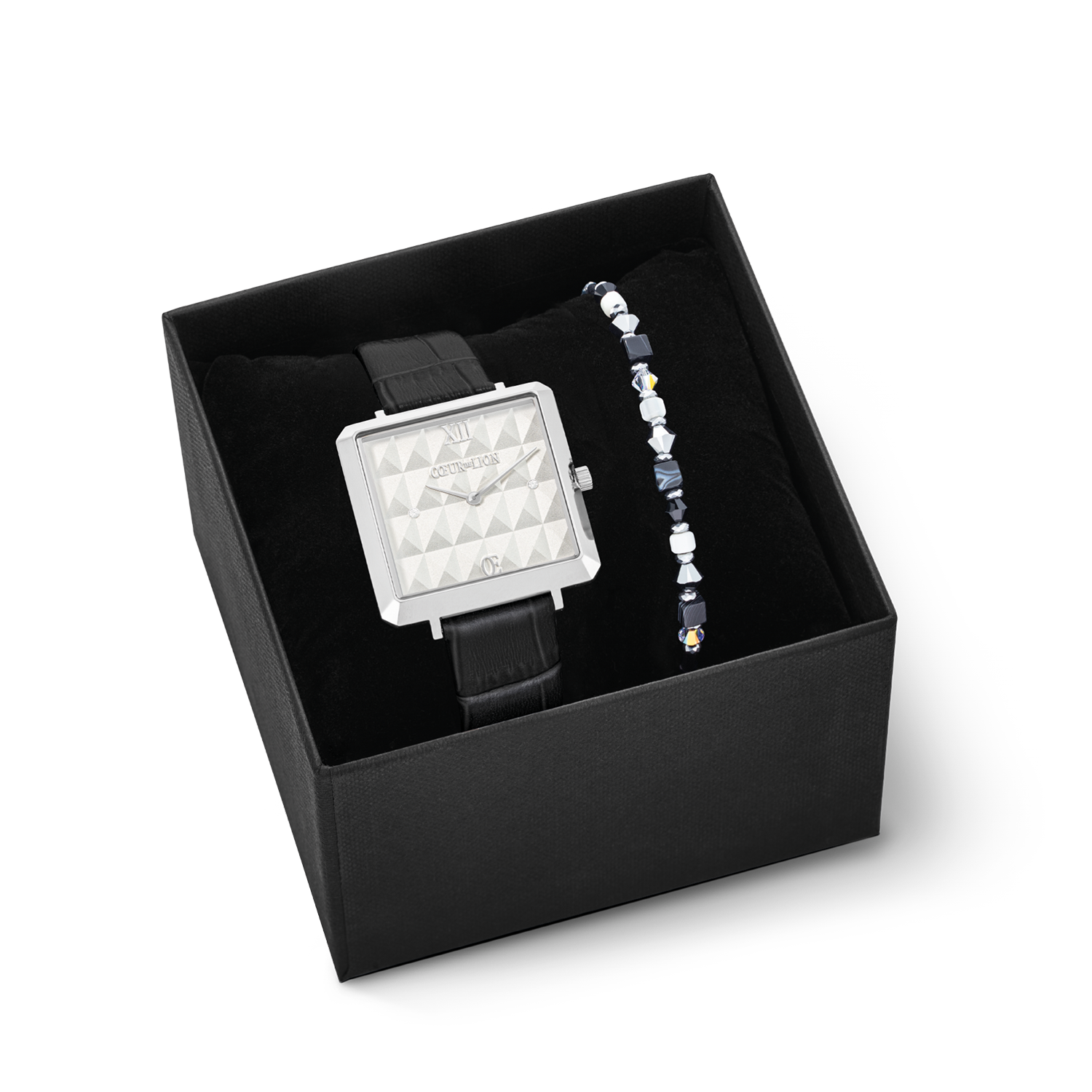 Set Regalo Orologio Iconic Cube Spikes Nero & Bracciale Princess Shape Mix Nero-Bianco