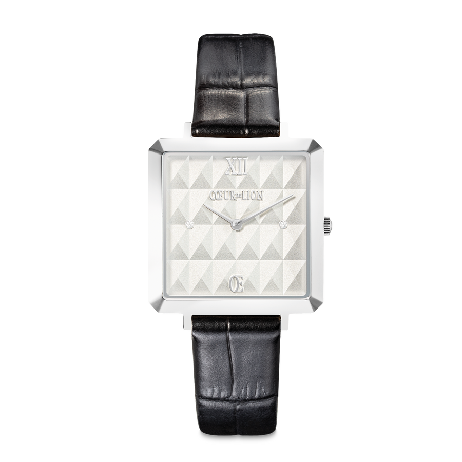 Orologio Iconic Cube Spikes Argento Bracciale Pelle Nero