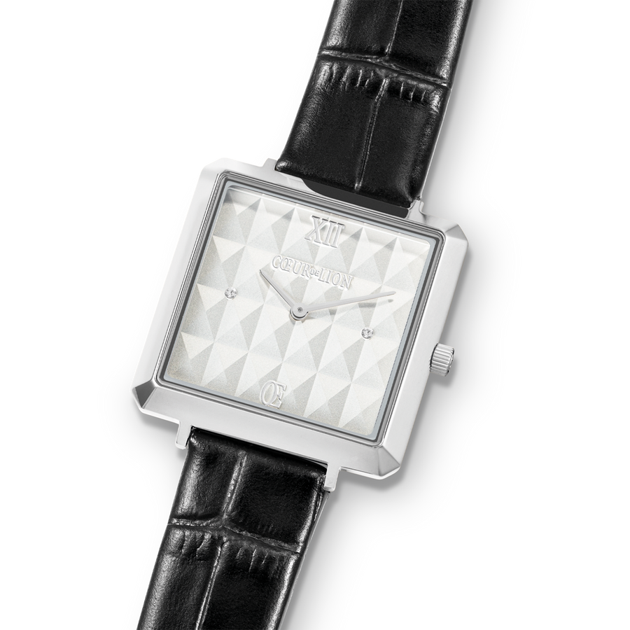 Orologio Iconic Cube Spikes Argento Bracciale Pelle Nero